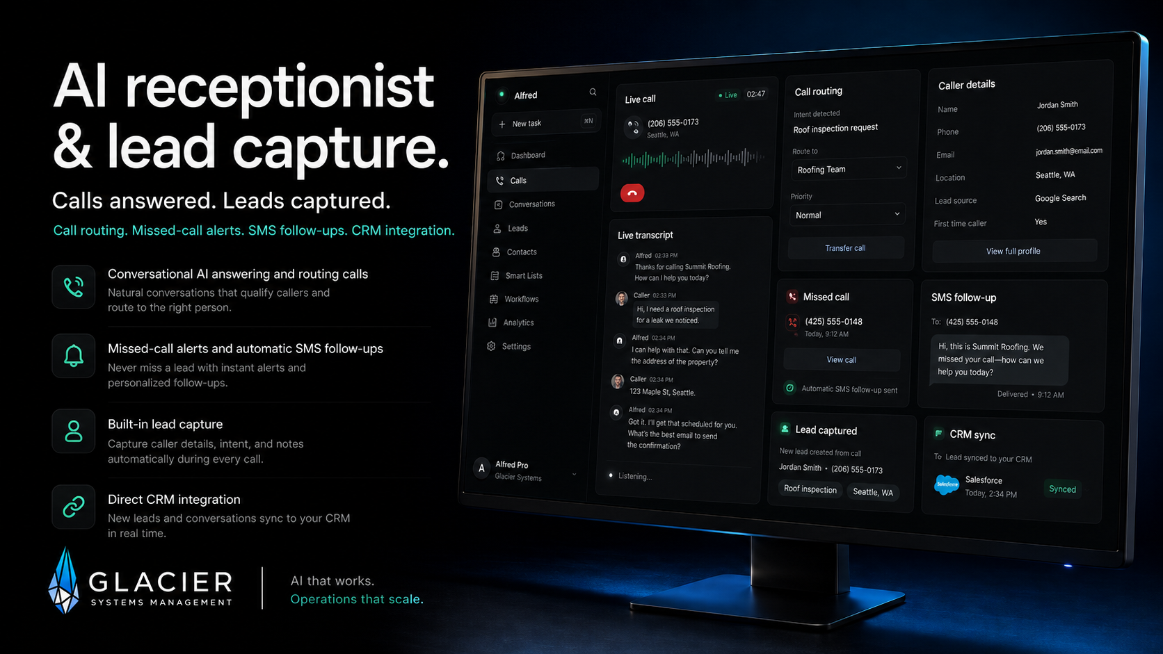AI receptionist and lead capture Glacier Systems Greg interface