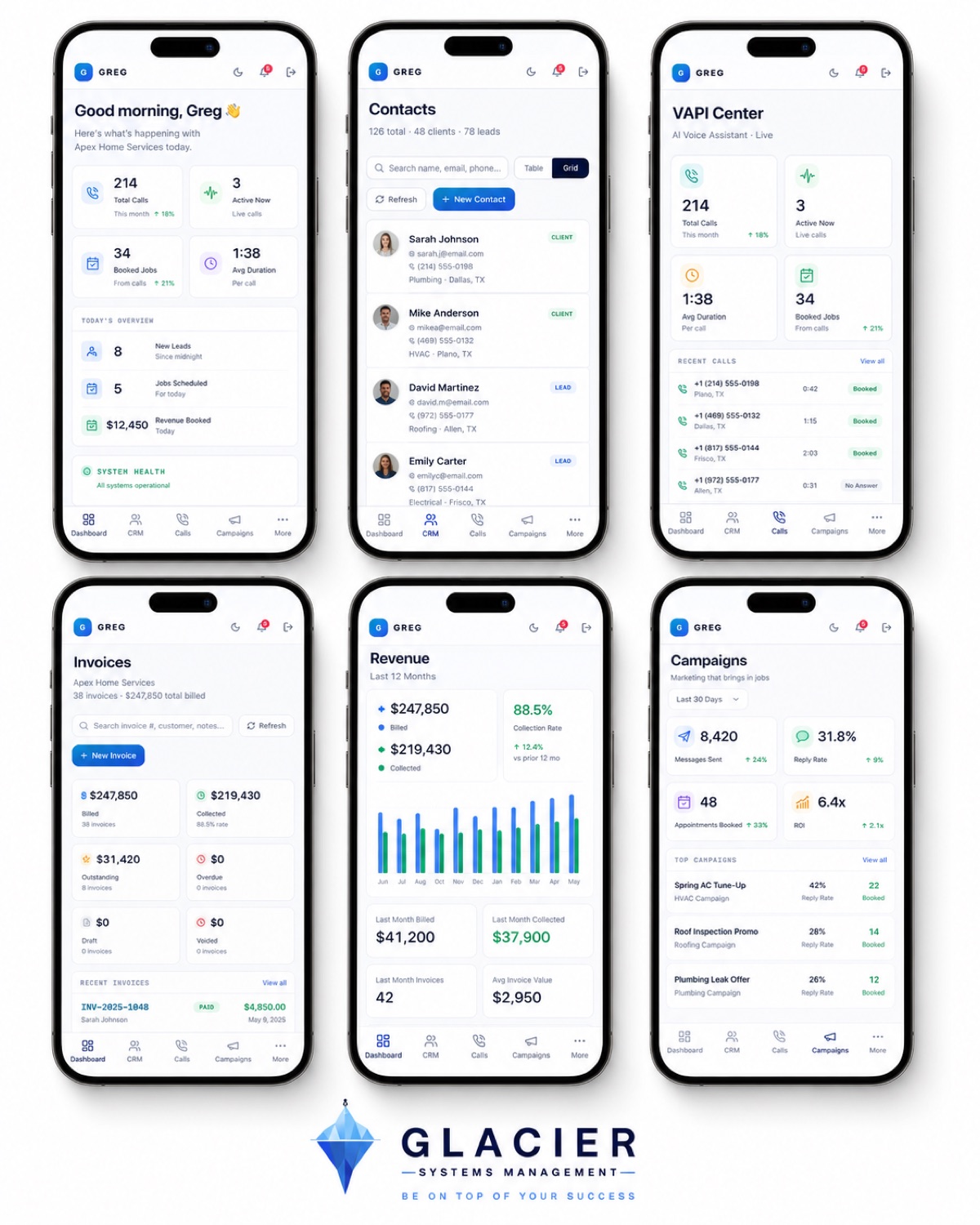 Greg CRM screens — contacts, call center, invoices, revenue, and campaigns