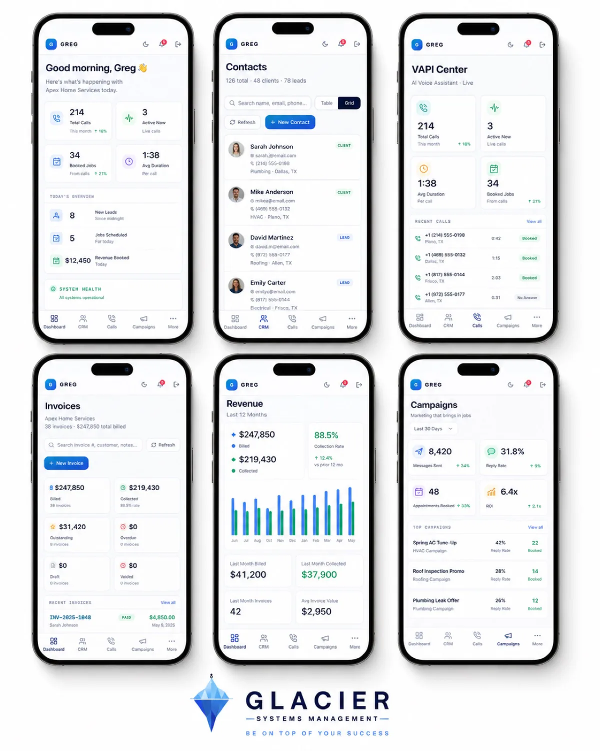 Greg CRM screens — contacts, call center, invoices, revenue, and campaigns