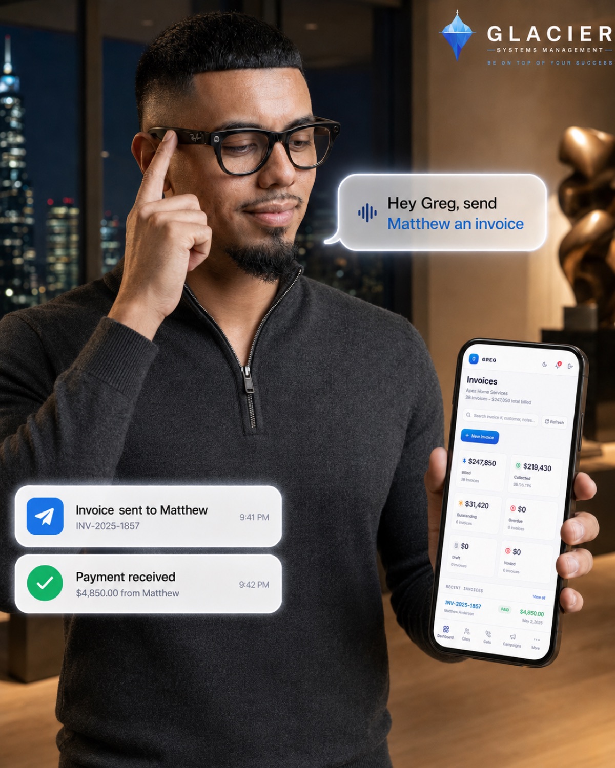 Greg CRM app — "Hey Greg, send Matthew an invoice" with instant invoice and payment