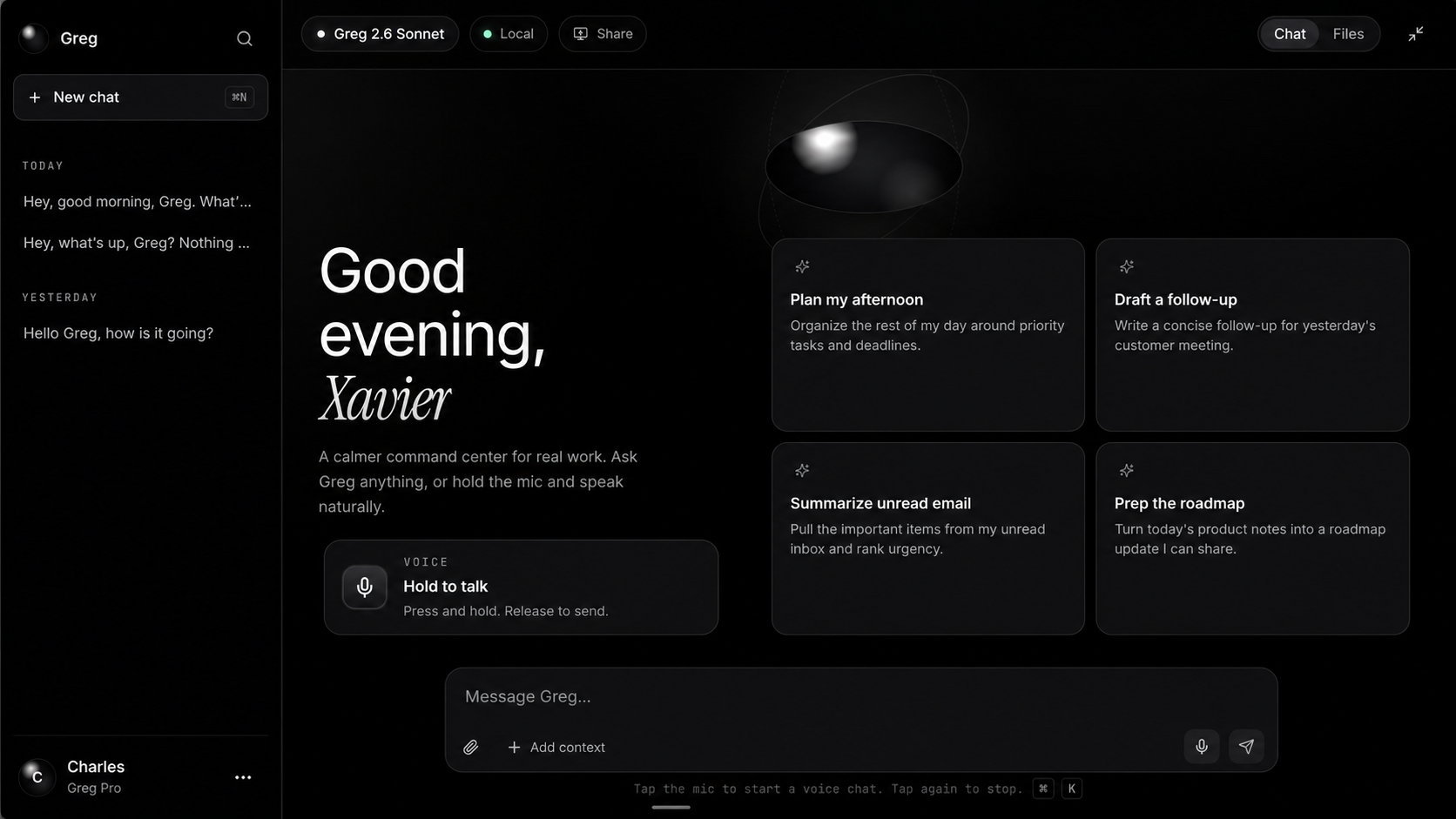 Greg command center interface