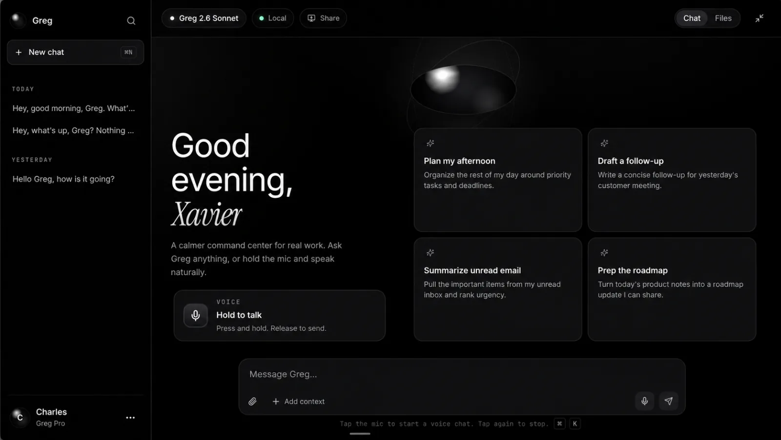 Greg command center interface